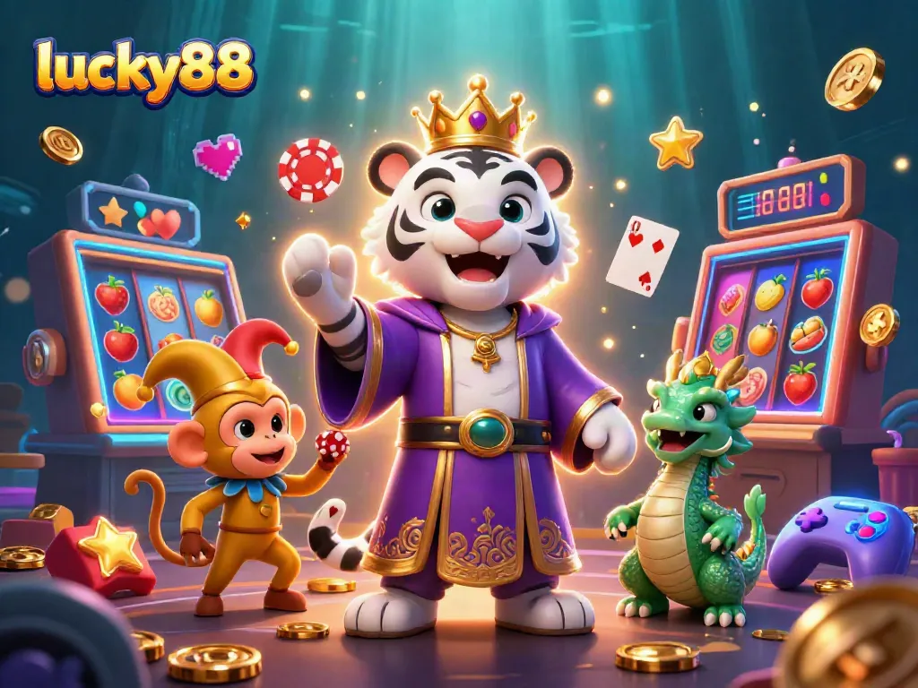 Join the exciting world of lucky88 with vibrant slot machines, a royal tiger, and a playful monkey!