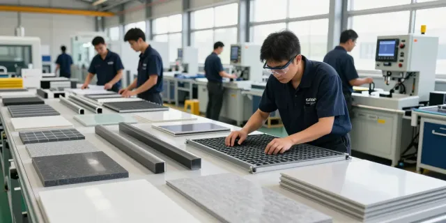 Engineered Composites technician inspecting GRP products in a bright manufacturing facility.