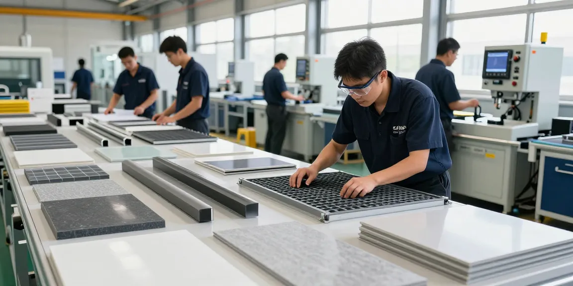 Engineered Composites technician inspecting GRP products in a bright manufacturing facility.