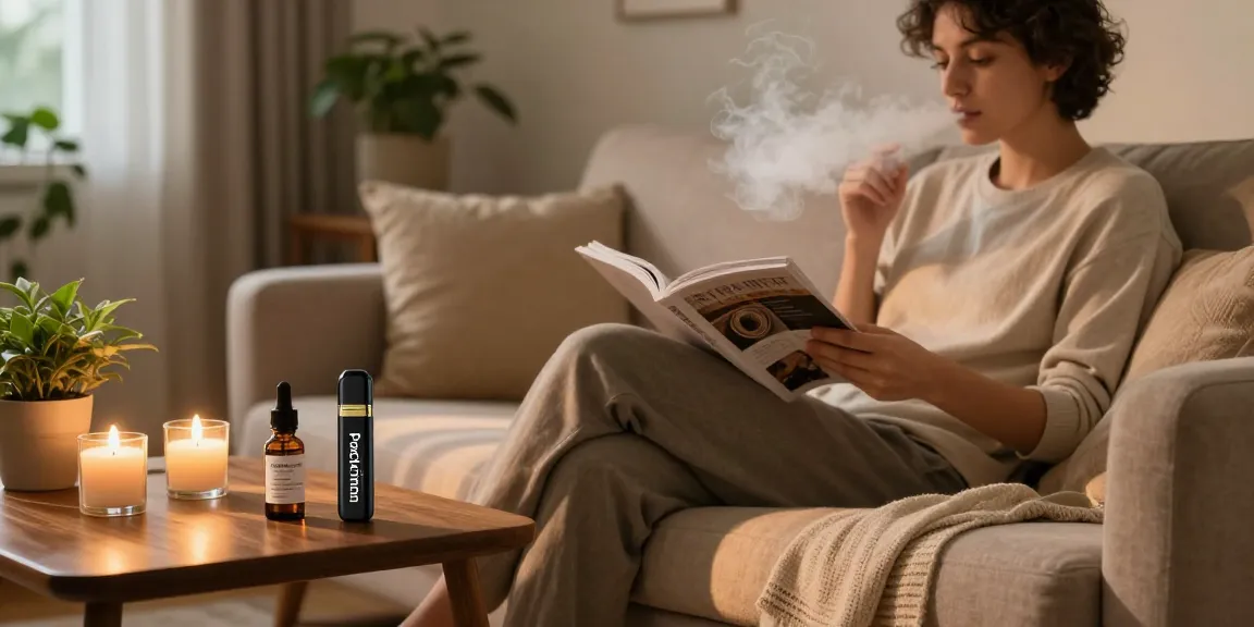 Packman THC vape in a cozy living room setting, promoting natural wellness with CBD products and a calming atmosphere.