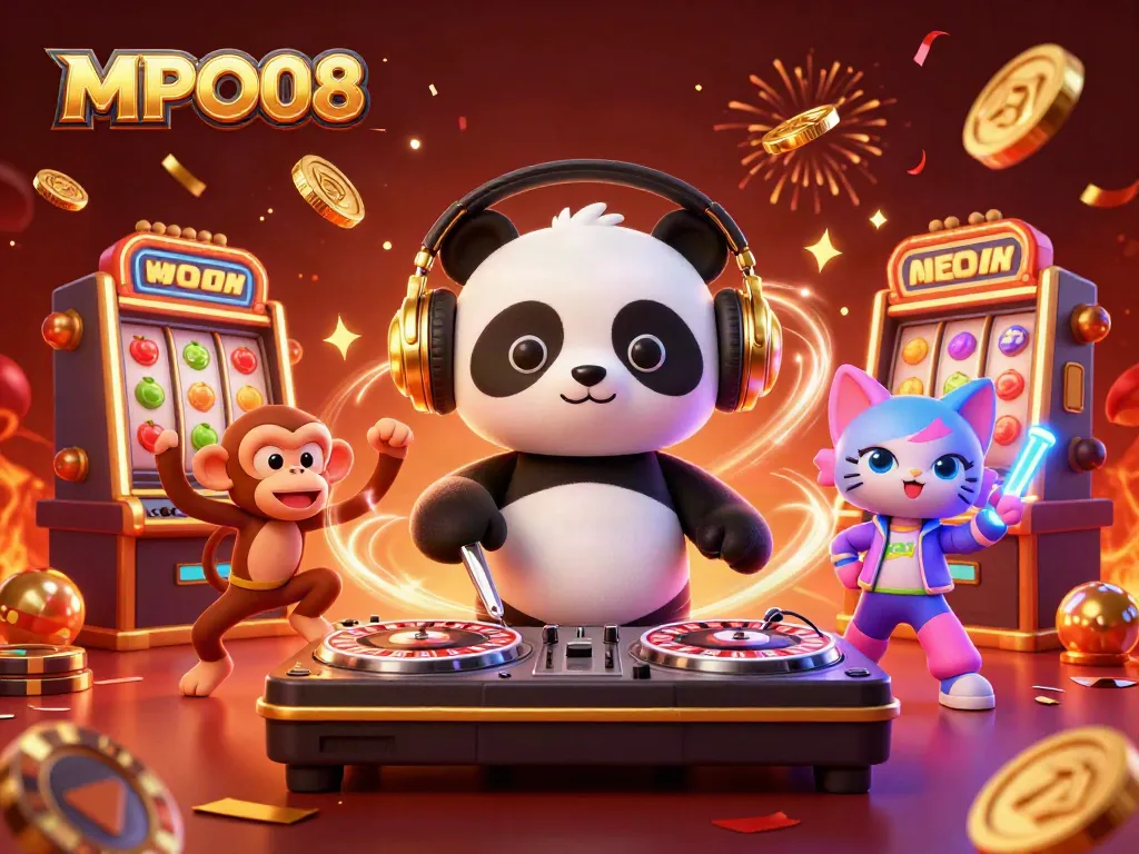 Experience MPO08 with vibrant casino characters illuminated by spinning slot machines and festive elements.