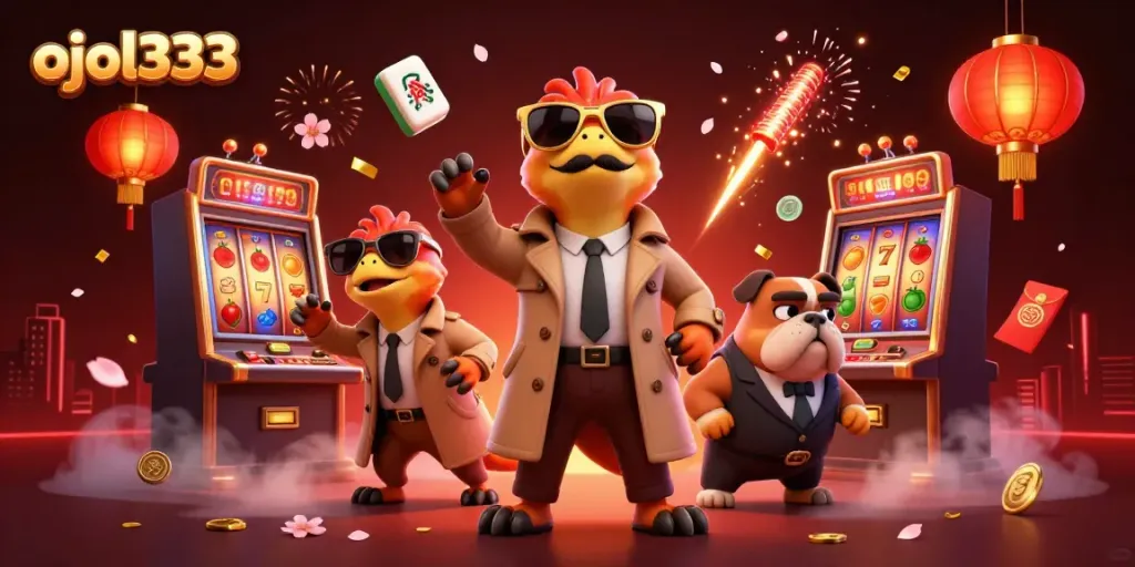 Engage with ojol333 in a vibrant VIP casino scene featuring a trench coat raptor trio.