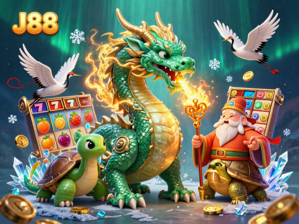 Experience thrilling moments with J88 as a jade dragon breathes fire surrounded by slot machines.