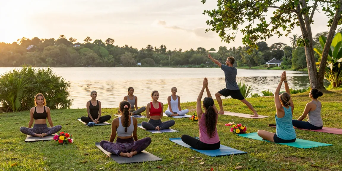 Group practicing yoga at Lanka Yoga during teacher training in Sri Lanka, highlighting the tranquil lakeside setting.