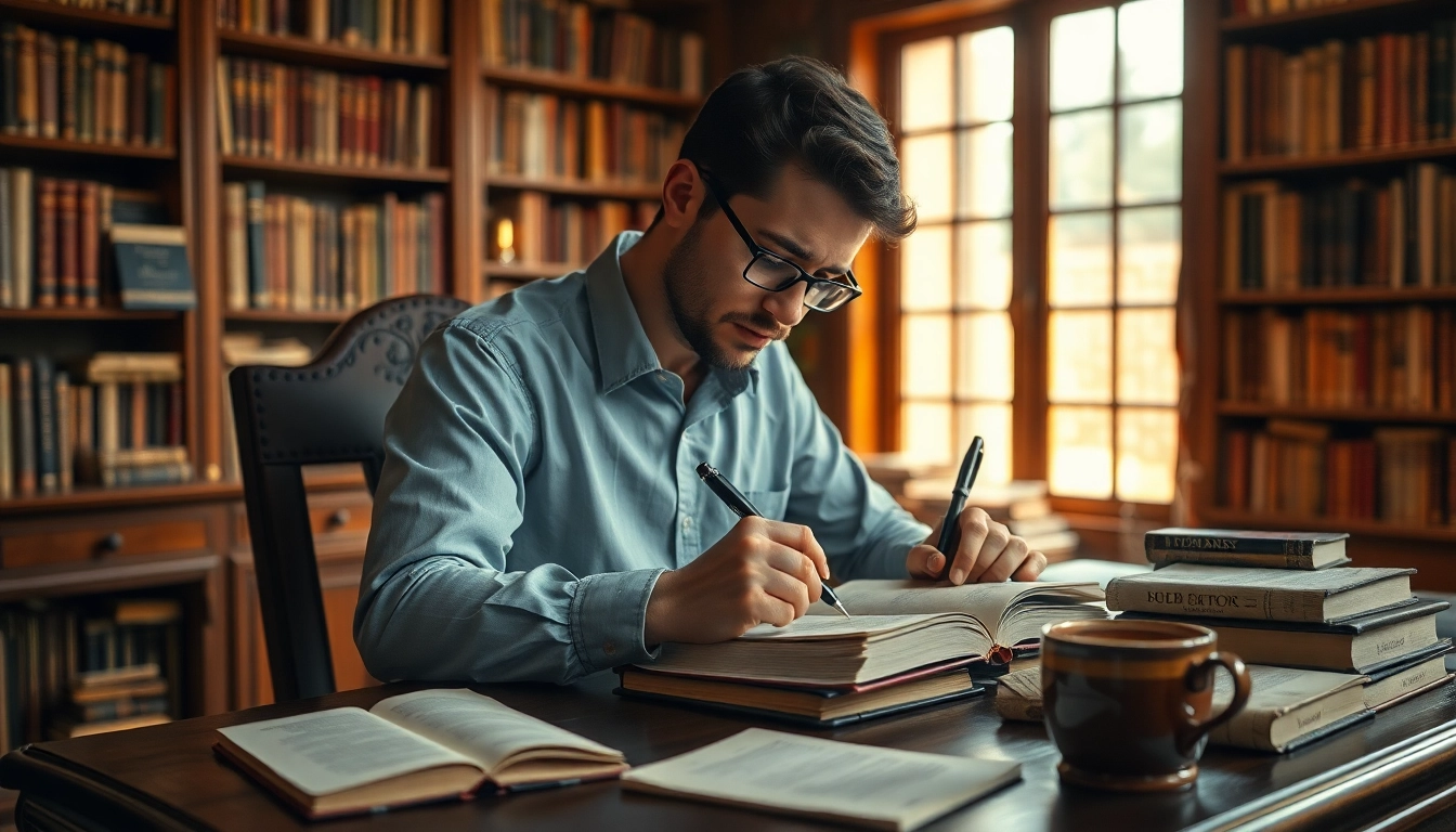 Author writing with focus at a vintage desk surrounded by books in a cozy library.