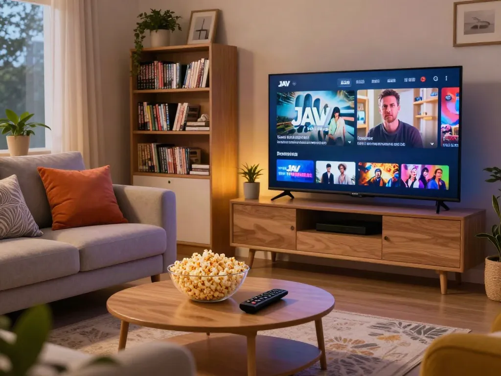 Cozy living room setting for watching jav sub indo content with warm lighting.