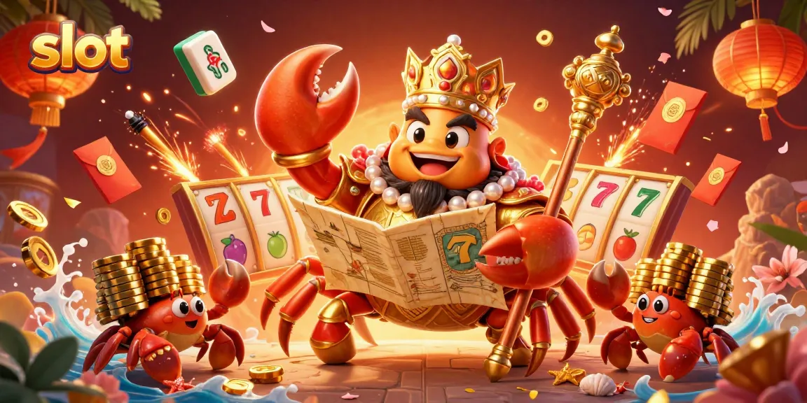 Experience the excitement of slot games with a golden crab emperor and vibrant casino elements.
