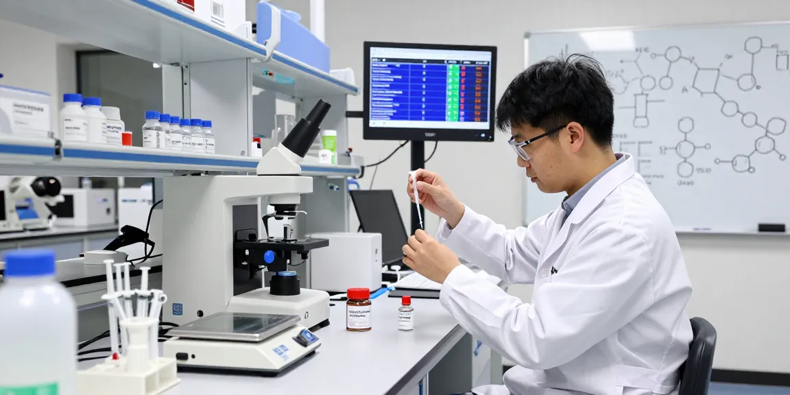 Scientist meticulously measuring SwissChems Peptides in a modern lab setting.