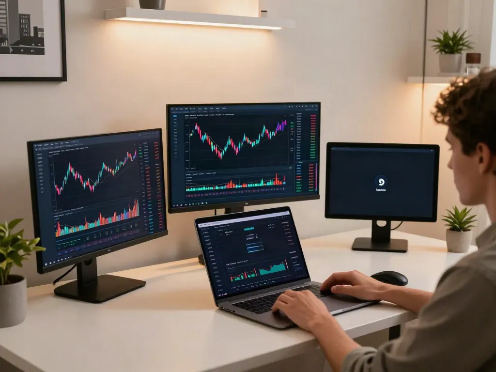 market data API displayed in a sleek home office with crypto price charts and digital wallet apps.