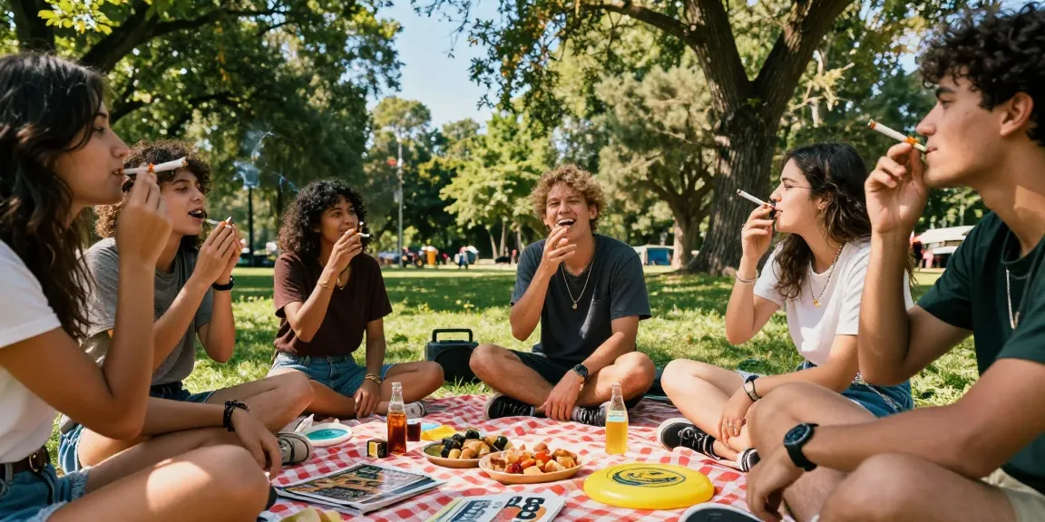 Friends enjoying rokok88 cigarettes at a sunny outdoor gathering with snacks and laughter.