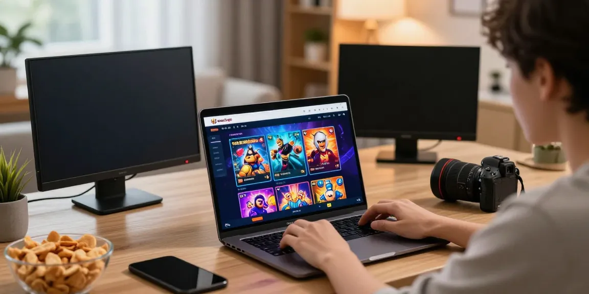 DewaTogel online gaming scene with user exploring slot games and app on laptop.