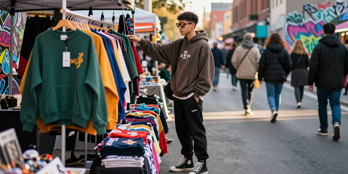 Youth exploring trendy fashion items at market stall featuring Kakobuy spreadsheet selections in an urban setting.