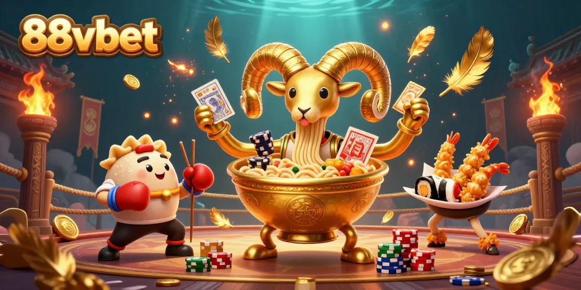 Experience interactive gaming with 88vbet as a golden ramen bowl character deals cards surrounded by energetic casino elements.