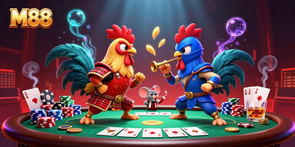 Engage with M88's thrilling casino showdown featuring roosters in combat over poker riches.