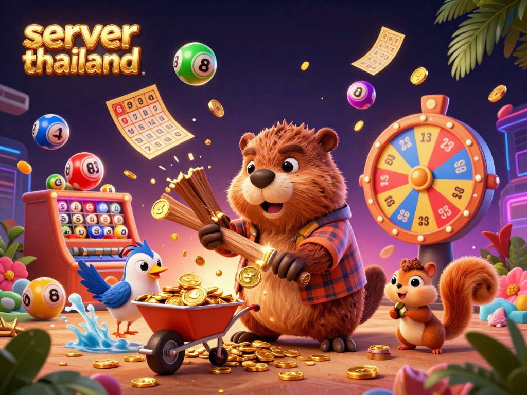 Engage in thrilling casino action with server thailand’s vibrant 3D cartoon illustration featuring a beaver, bird, and squirrel amidst dynamic lottery elements.