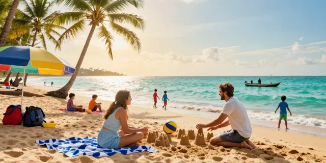 Sri Lanka holiday packages from Delhi featuring a joyful family on a beautiful beach during their vacation.