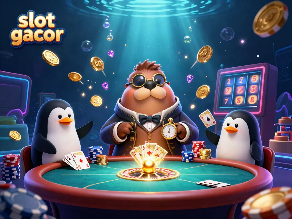 Engage in slot gacor gameplay with a cartoon walrus in a Victorian outfit at an underwater poker table surrounded by action and vibrant elements.