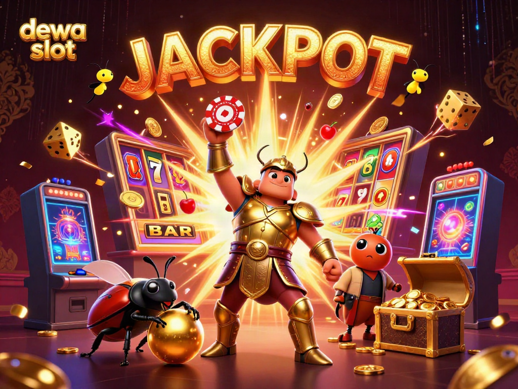 Ilustrasi 3D menarik dengan dewa slot, jackpot, dan karakter mainan di dunia kasino.