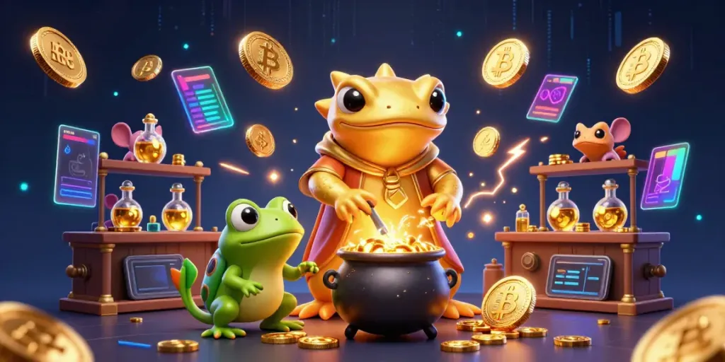 Experience thrilling gaming at RS88 with a golden salamander alchemist, vibrant cryptocurrency elements, and dynamic action.