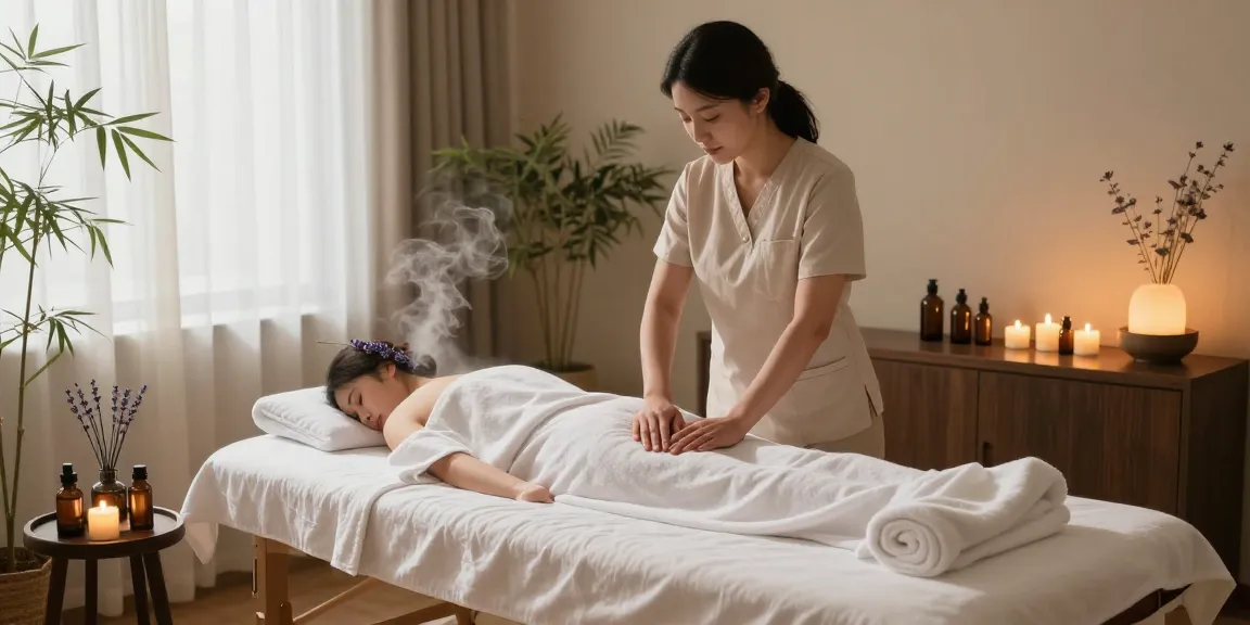 Relaxing Swedish massage therapy room with calming decor and aromatic oils, inviting ambiance for wellness.