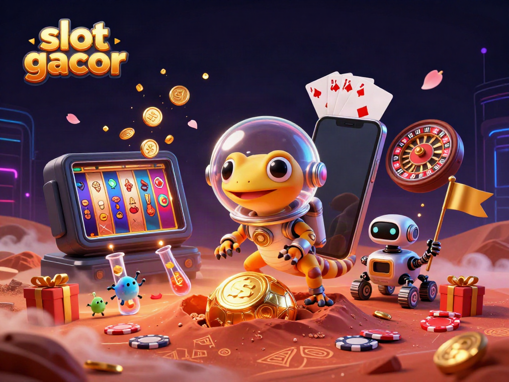 Menggenggam slot gacor dengan antusiasme, makhluk luar angkasa berinteraksi dengan simbol permainan kasino di latar merah Mars.