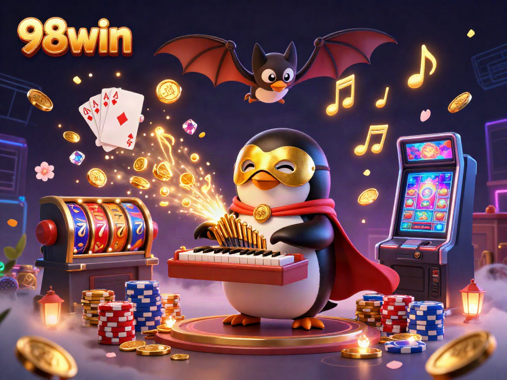 Play casino games at 98win with a whimsical penguin character amidst coins, slots, and vibrant elements.