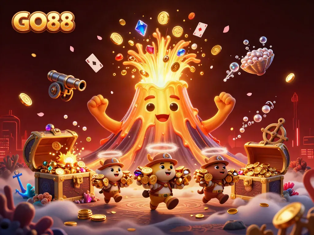 Spin to win with GO88 at a vibrant 3D carnival of treasures and games, showcasing a golden volcano erupting coins.