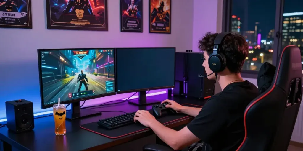 Immersive gaming experience with a player engaged in Batman138 on dual monitors, showcasing vibrant graphics and gaming accessories.