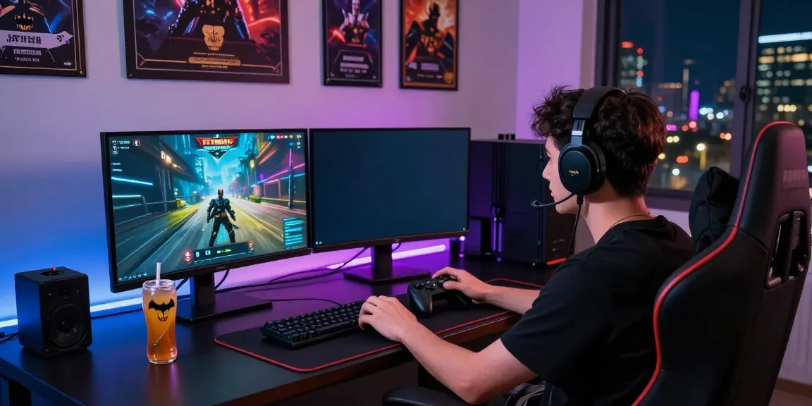 Immersive gaming experience with a player engaged in Batman138 on dual monitors, showcasing vibrant graphics and gaming accessories.