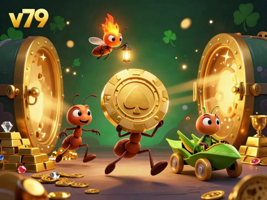 V79 ants capturing a golden poker chip in a vibrant casino heist with sparkling treasures surrounding.
