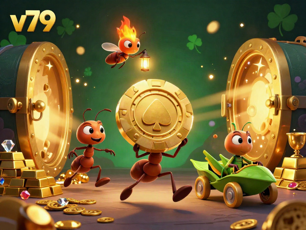 V79 ants capturing a golden poker chip in a vibrant casino heist with sparkling treasures surrounding.