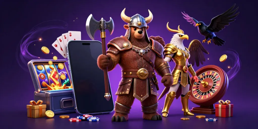 Gambarkan permainan Totoslot dengan Viking beruang, Valkyrie, dan elemen slot yang memukau.