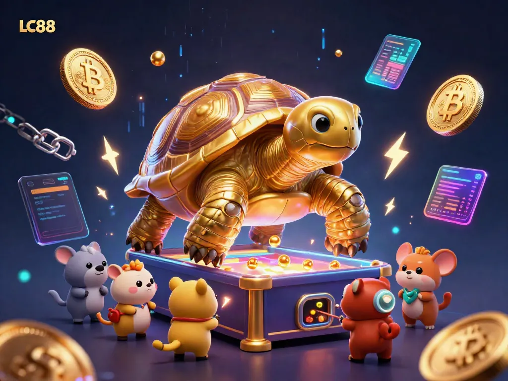 LC88 shows excited players at a colossal tortoise pinball casino, surrounded by crypto coins.