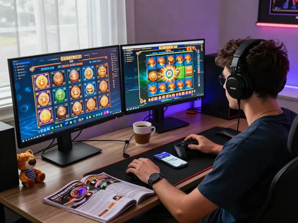 Engaged player enjoying a slot game on large monitors, vibrant gaming setup, modern atmosphere