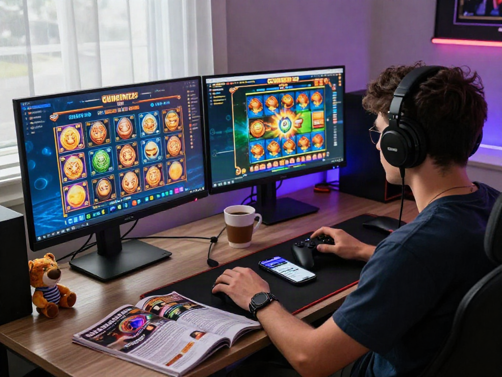 Engaged player enjoying a slot game on large monitors, vibrant gaming setup, modern atmosphere