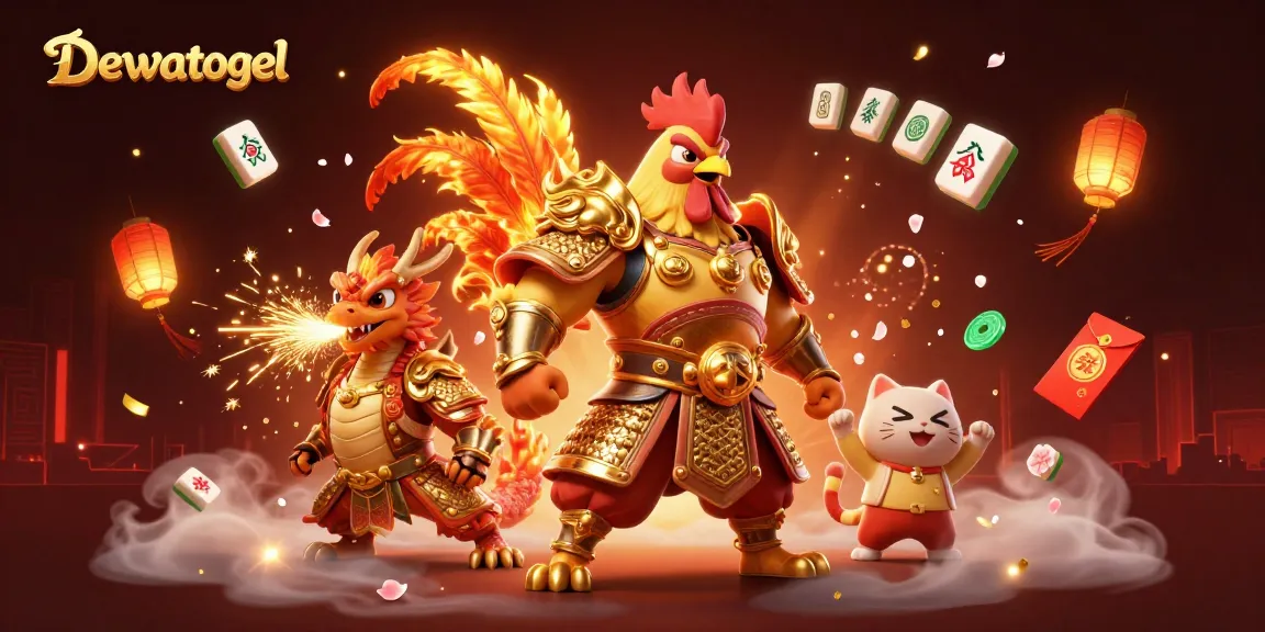 Dewatogel energizes your play with a 3D illustration of a powerful rooster and dragon amidst festive elements.