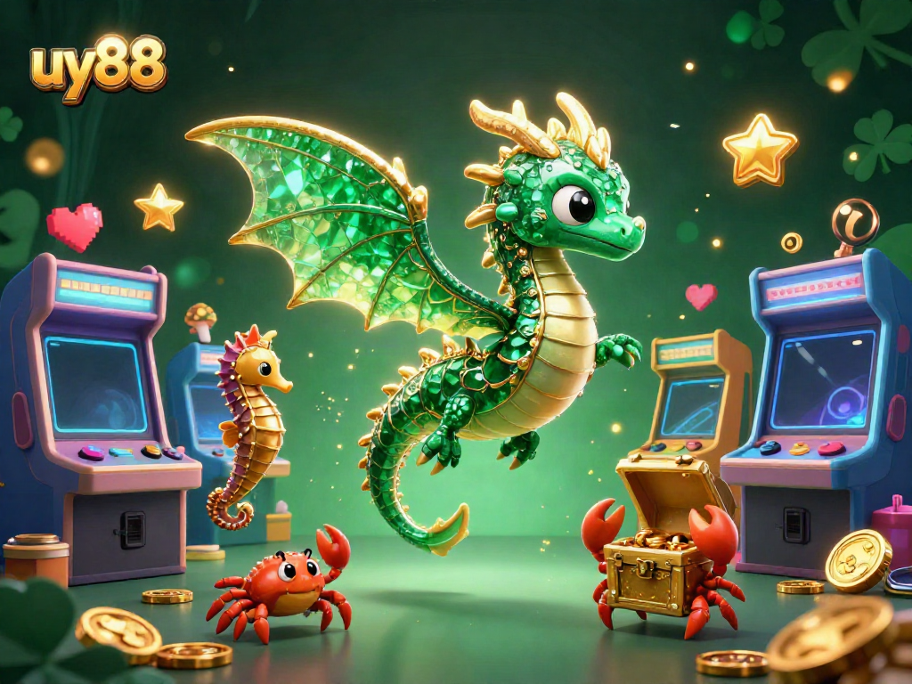 Join the fun at uy88 with vibrant arcade machines and a mystical sea dragon in this colorful casino scene.