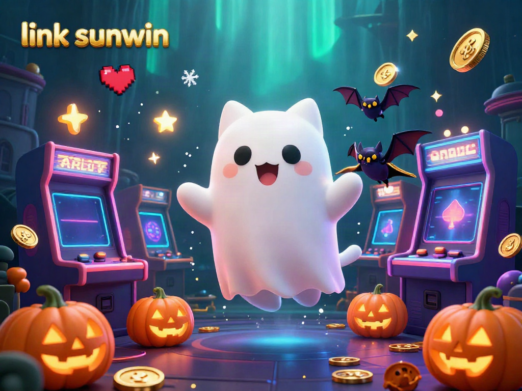 Engage in thrilling gameplay with the link sunwin illustration, featuring a floating ghost cat in a vibrant casino.