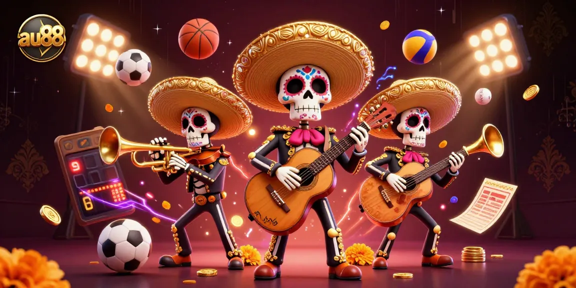 Enhance your gaming experience at au88 with vibrant 3D mariachi-themed casino illustration.