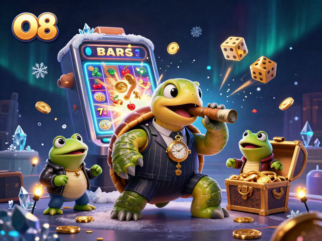 Experience O8's thrilling casino scene featuring a turtle mobster and bullfrog enforcers.