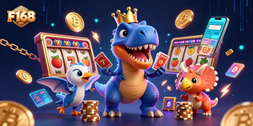 F168 showcases a vibrant casino scene with a playful T-Rex shuffling cards and a pterodactyl assisting in winning slots.