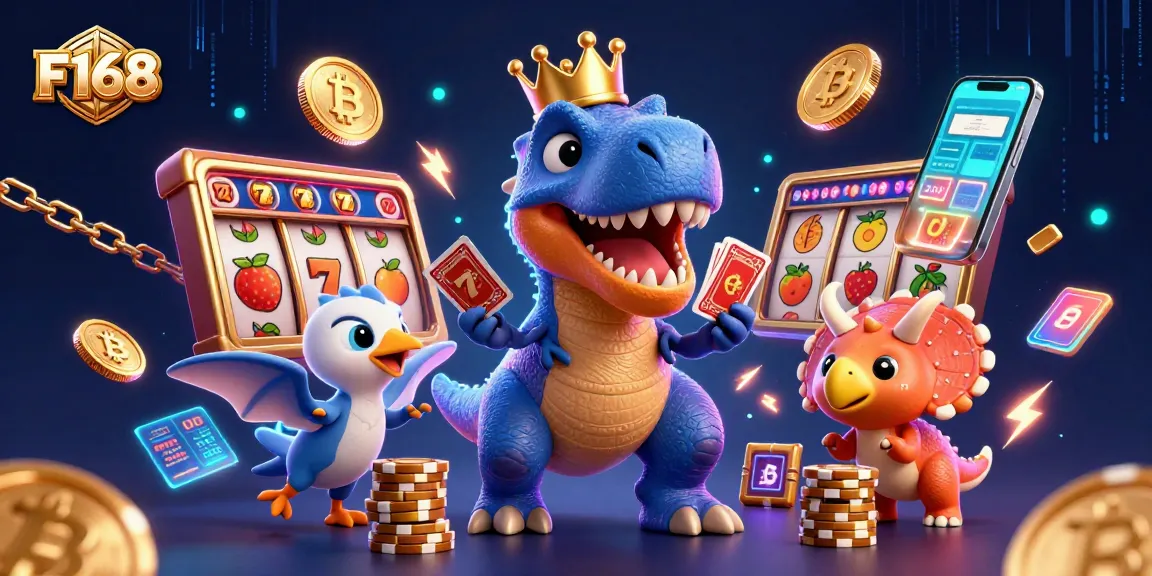 F168 showcases a vibrant casino scene with a playful T-Rex shuffling cards and a pterodactyl assisting in winning slots.