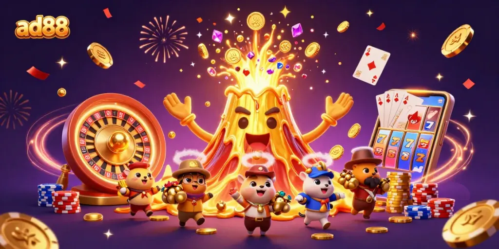 Experience the thrill of ad88 casino gaming with vibrant treasures spilling from a golden volcano.