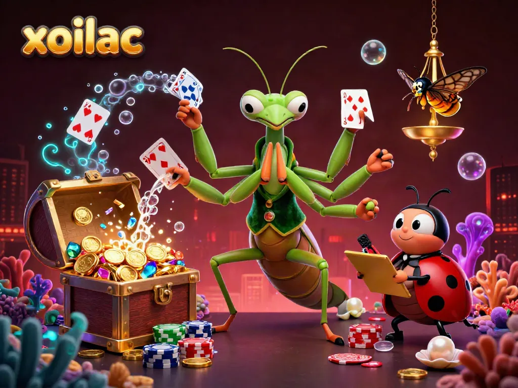 Win big at xoilac with dynamic gambling illustrations showcasing card games, coins, and vibrant energy.