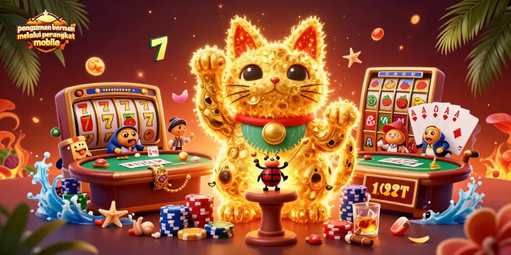 Pengalaman bermain melalui perangkat mobile dengan ikon slot dan jackpot yang menarik di latar yang berwarna-warni.