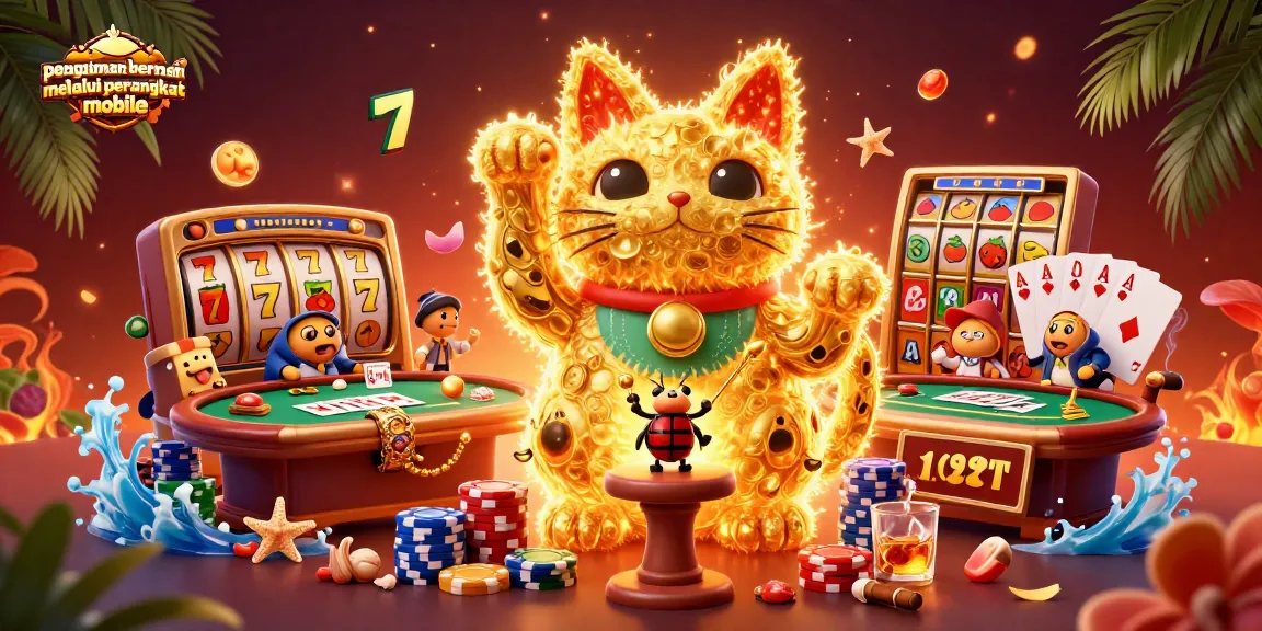 Pengalaman bermain melalui perangkat mobile dengan ikon slot dan jackpot yang menarik di latar yang berwarna-warni.