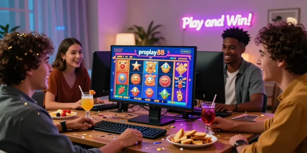 Friends enjoying slots on proplay88, surrounded by snacks and confetti in a lively living room.