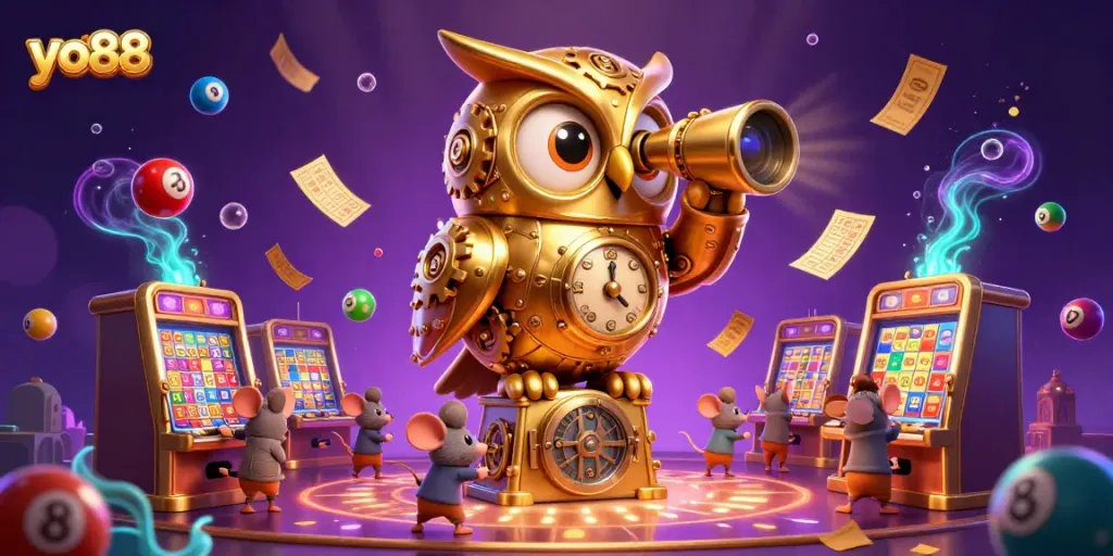 Engage with yo88's vibrant casino scene featuring a clockwork owl and dynamic game elements.