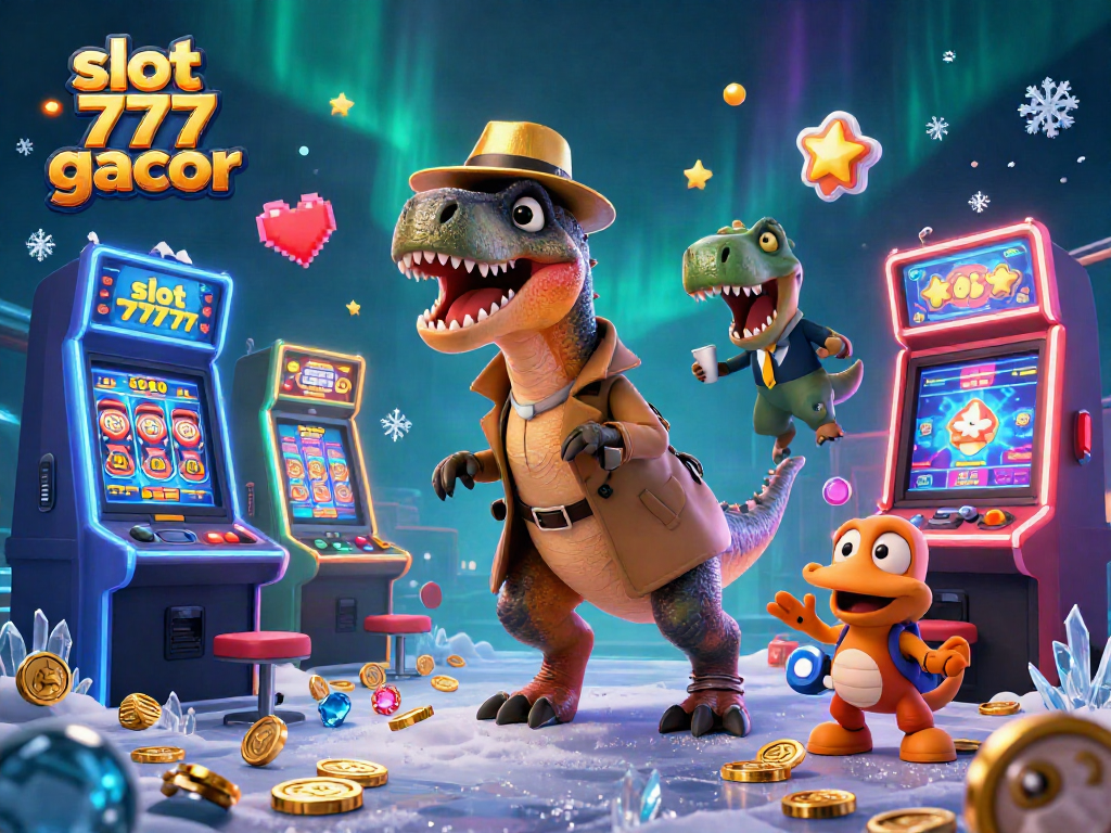 Engage with slot 777 gacor as a cartoon velociraptor plays, surrounded by gaming elements.