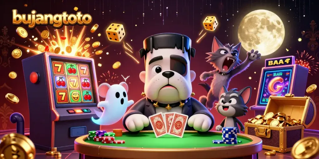 Engage with bujangtoto while a Frankenstein bulldog deals cards at a spooky casino table amidst jackpots and vibrant casino elements.
